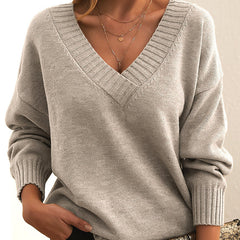 Solid V-neck Sweater Fashion Loose Long-sleeved Knitted Tops Autumn And Winter Women's Clothing