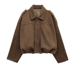 Women's Batwing Sleeve Lapel Suede Texture Effect Pilot Jacket