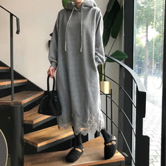 Lace Trim Plus Size Long Hoodie Dress
