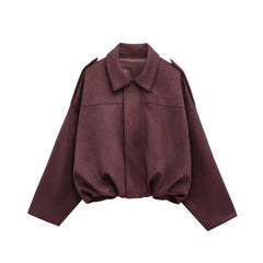 Women's Batwing Sleeve Lapel Suede Texture Effect Pilot Jacket